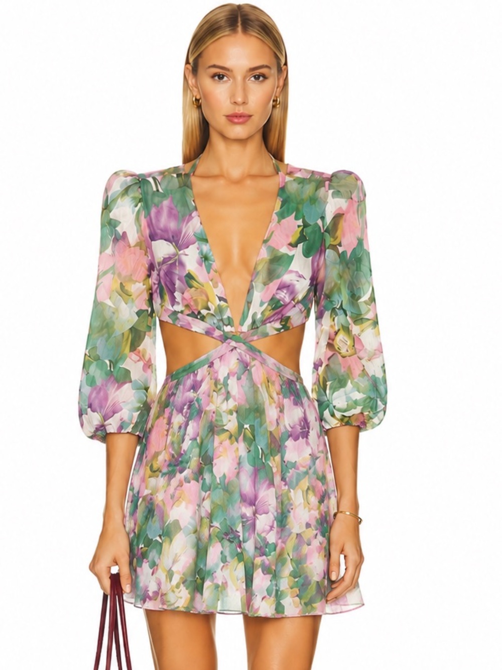 Garden Party Floral Cutout Mini Dress in Green and Pink Watercolor Large